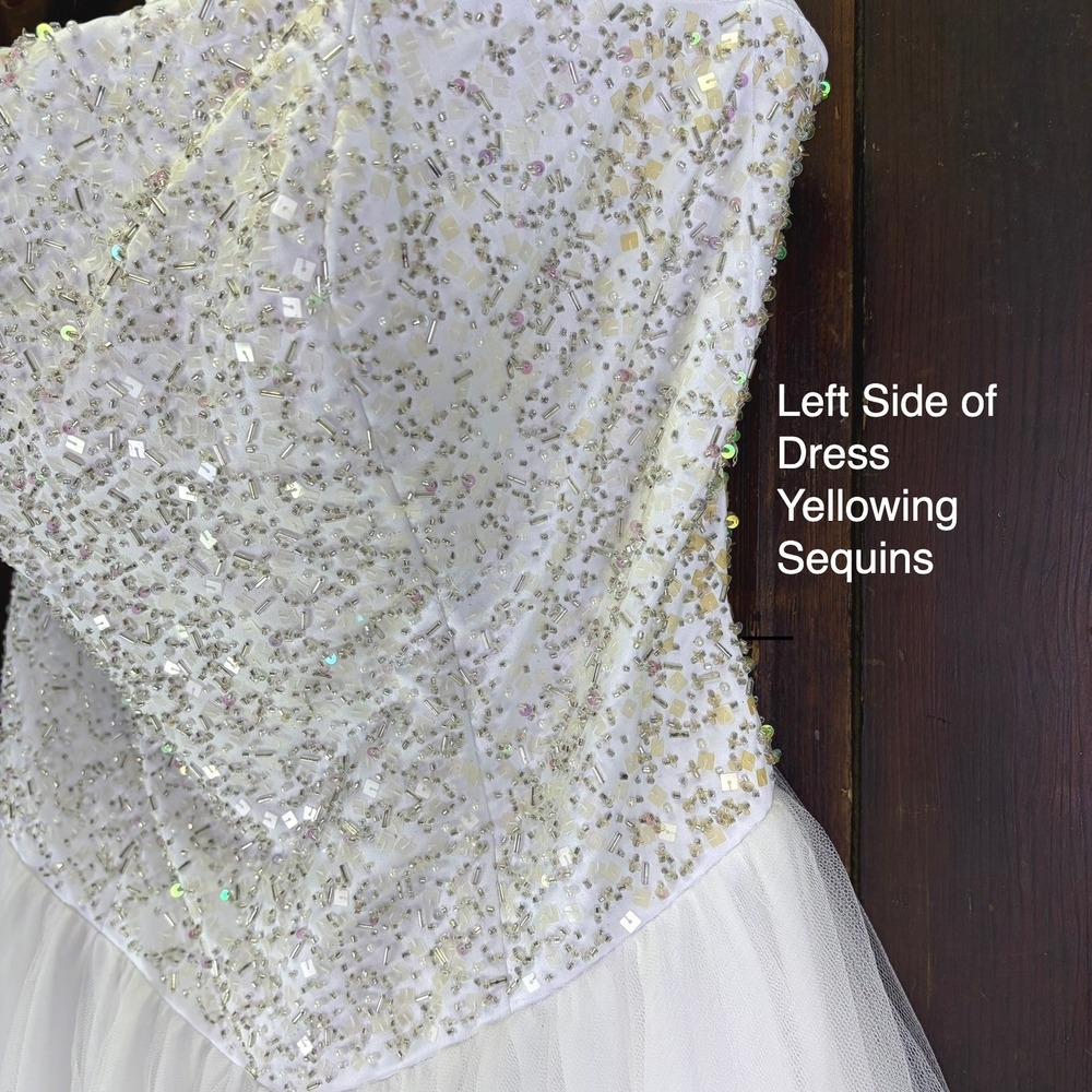 White Beaded Tulle Ball Gown Wedding Dress Basque Waist Strapless Size 12 Flaws - Picture 10 of 16
